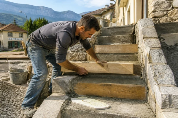 Artisan maçon pose escalier extérieur Grenoble